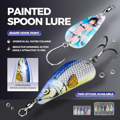 Spinner Spoons Hard Metal Fishing Bait Lures Kit for Pike Walleye Musky Bass Trout-3D Eyes & Treble/Single Hooks with Tackle Box in Freshwater and Saltwater - color: Color A-5PCS