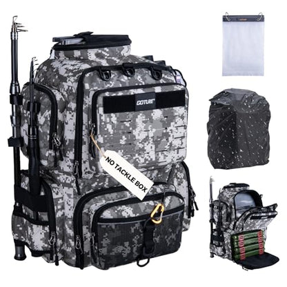 Goture Fishing Backpack, 900D Water-Resistant Tackle Backpack with Rod Holders, 45L Large Fishing Bag Storage Gear Tackle Bag with 8 Lure Pockets, Rain Cover for Camping Hiking(Without Tackle Box) - color: 45L Digital Camo with 8 Lure Pockets
