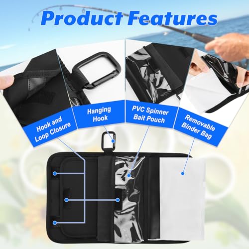 Cosmos Fishing Tackle Organizer Wallet Wrap with Fishing Spinner Baits Clear Case Bag & 4 Removable Fishing Lure Storage Zipper Sleeve Soft Bait Binder Pocket with Hanging Hook for Fishing & Fisherman