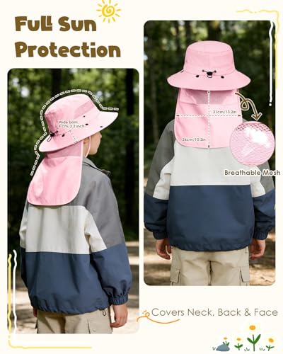 Century Star Kids Sun Hat with Detachable Neck Flap,UPF 50+ Windproof Waterproof Beach Bucket Hat Outdoor Fishing Safari - color: Light Pink