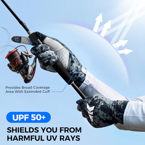 KastKing La Sal Pro Full Finger Fishing Gloves, UPF 50+ Sun Protection Gloves with Convertible Design, Ultralight Microfiber, Ultra-Soft Comfort, FrostWeave Cooling, Enhanced Grip, Four Sizes Options - color: Boulder Camo Obsidian, size: Small-Medium