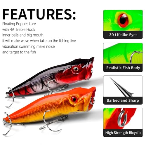 5pcs 9cm 3D Eyes Hard Baits Floating Topwater Popper Lures with Treble Hooks, Mixed Colors, ABS & High Carbon Steel, Targeting Pike, Bass, Salmon