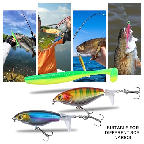 100 Pcs Fishing Lures Ploppers Equipment Tackle Gear Box for Bass, Floating Rotating Tail, Hard Fish Kit with Soft Lure,Hooks, Accessories Tools,Plastic Bait, Swimbait