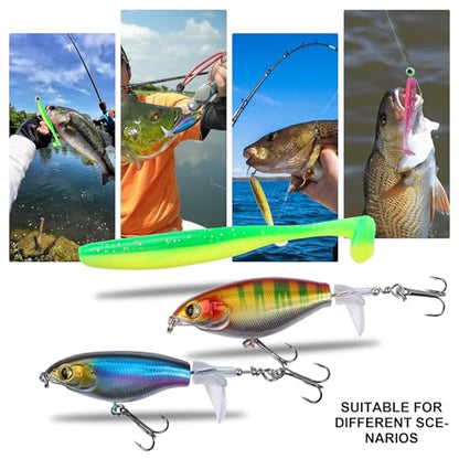 100 Pcs Fishing Lures Ploppers Equipment Tackle Gear Box for Bass, Floating Rotating Tail, Hard Fish Kit with Soft Lure,Hooks, Accessories Tools,Plastic Bait, Swimbait