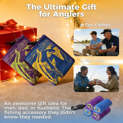 2PCS Fishing Towel, 25.5" X9.8", Microfiber | Built-in Ruler and Retractable Carabiner Clip, Premium Microfiber Towel , Bass Accessories, Fishing Gifts for Men Dad