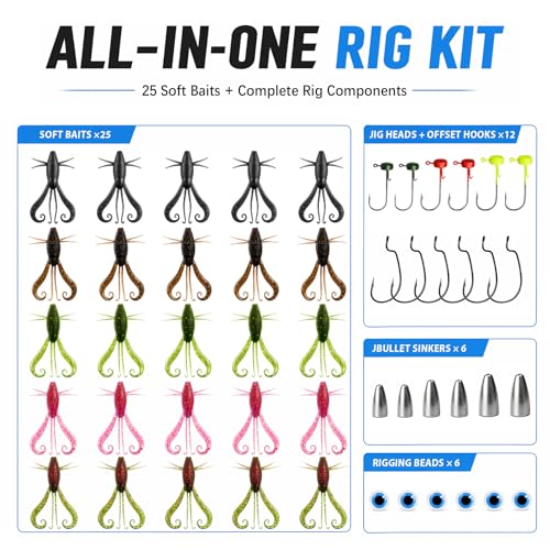 49pcs Soft Fishing Lures Kit – Texas Rig Kit for Bass Fishing with Silicone Shrimp Baits, Hooks, Weights & 3D Eyes – Bass, Crappie & Trout Tackle for Freshwater & Saltwater