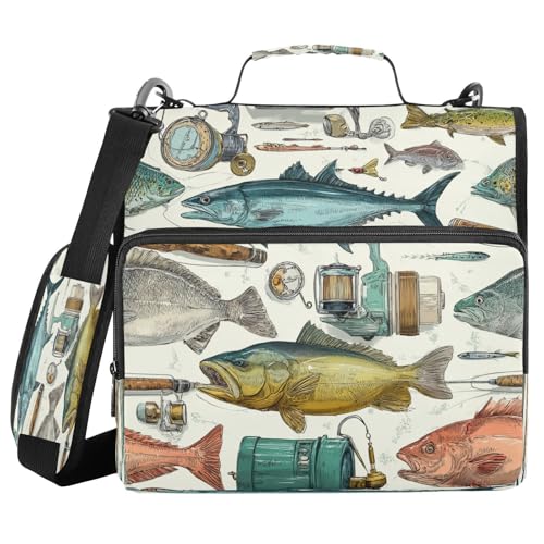 Fish Tool Sea Rods Vintage Lure 3 Ring Zipper Binder with Strap 1.5 inch 500 Sheet Capacity File Folder Storage Organizer