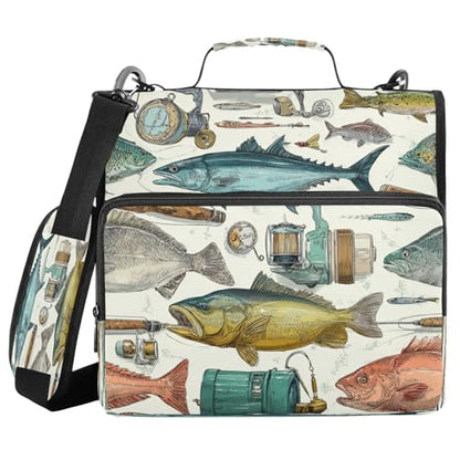 Fish Tool Sea Rods Vintage Lure 3 Ring Zipper Binder with Strap 1.5 inch 500 Sheet Capacity File Folder Storage Organizer