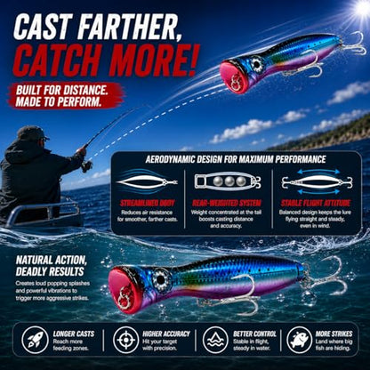 6.7-Inch Offshore Saltwater Popper Lures, 3.27 oz Topwater Fishing Lures for Long Casting & Boat Trolling, Tuna, Striped Bass, Bluefish & GT, Heavy-Duty Treble Hooks, 2-Pack with Storage Box