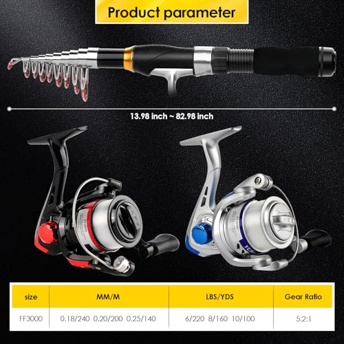 2PCS Telescopic Fishing Rod Reel Combo 6.89FT Collapsible Spinning Pole Kit Compact Fishing Lures Tackle Box Accessories Lightweight Travel Fishing Tool Set for Fishermen Gift