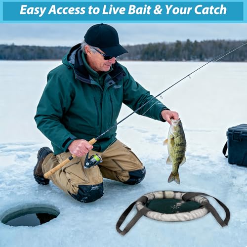 QualyQualy 2-Pack Ice Fishing Live Well, Floating Fish Basket for Live Fish Bait Bucket, Foldable Rubber Coated Fish Bag for Live Caught & Minnow Bucket| Fits All Ice Holes, Carabiner Included