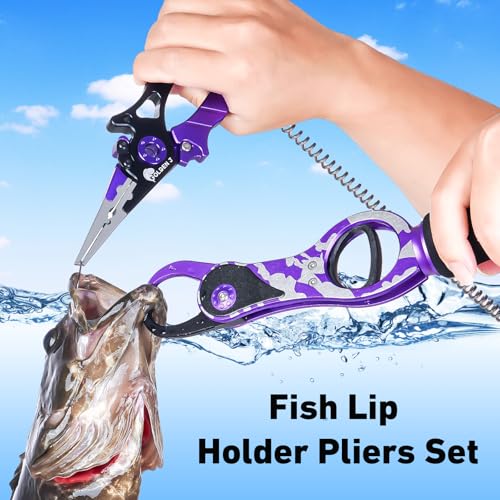 Golden J Fish Lip Gripper & Multi-Function Fishing Pliers Set - High-Strength Aluminum & Stainless Steel, Hook Remover, Split Ring Pliers, Line Cutter, Ideal for Ice, Surf, Lure Fishing