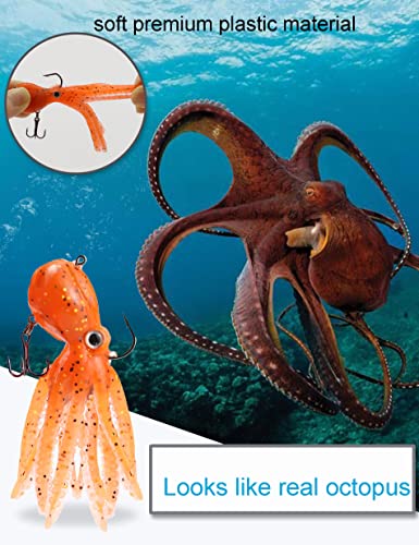 Octopus Swimbait Soft Fishing Lure with Skirt Tail - 3D Realistic Squid Bait Durable TPE Squid Jig Lingcod Rockfish Jigs for Saltwater Ocean Fishing, 5Pcs/Pack