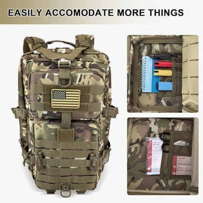 Hannibal Tactical MOLLE Assault Backpack, Tactical Backpack Military Army Camping Rucksack, 3-Day Pack Trip w/USA Flag Patch, D-Rings Cp - color: Camouflage