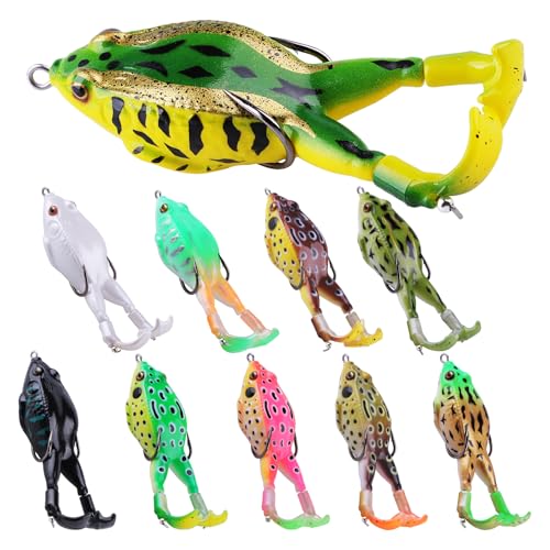 10 Pcs Bionic Frog Lures Kit with Double Propellers - Topwater Weedless Soft Frog Baits, Realistic Hollow Body Fishing Lures with Sharp Hooks for Bass Trout, Freshwater Saltwater Fishing Gear