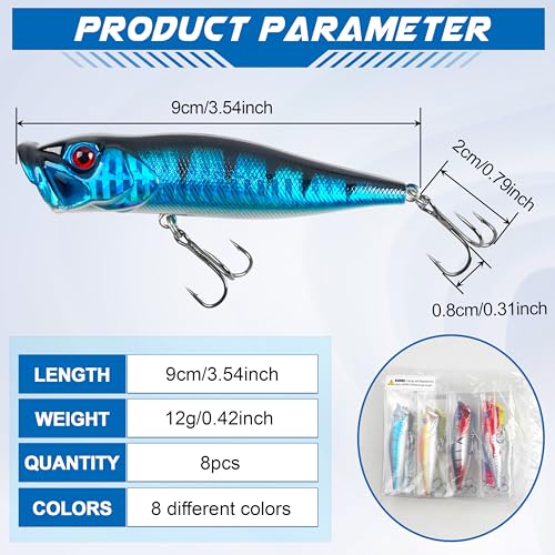 Popper Fishing Lures Kit,8pcs Saltwater Popper Lures Hard Baits Bass Fishing Lures Floating Lures Pencil Poppers Swimbaits for Bass Trout Walleye Freshwater Saltwater