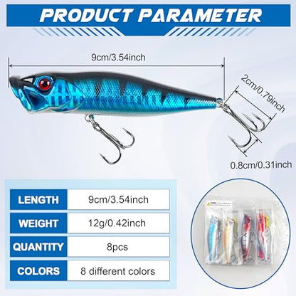 Popper Fishing Lures Kit,8pcs Saltwater Popper Lures Hard Baits Bass Fishing Lures Floating Lures Pencil Poppers Swimbaits for Bass Trout Walleye Freshwater Saltwater