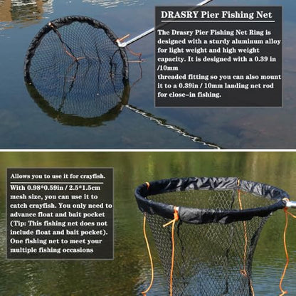 Drasry Foldable Bridge and Pier Fishing Landing Net - High Load-Bearing Aluminum Ring Drop Net for Saltwater Freshwater - Collapsible Basket With 49.2 FT Rope - color: black, size: 23.6*23.6*27.5 IN / 60*60*70cm, style: 0.99*0.59 in Mesh