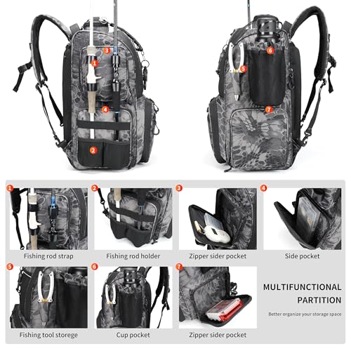 Rabjen Fishing Tackle Backpack with Rod Holders, Bottle Holder, Storage Bag Store Fishing Gear