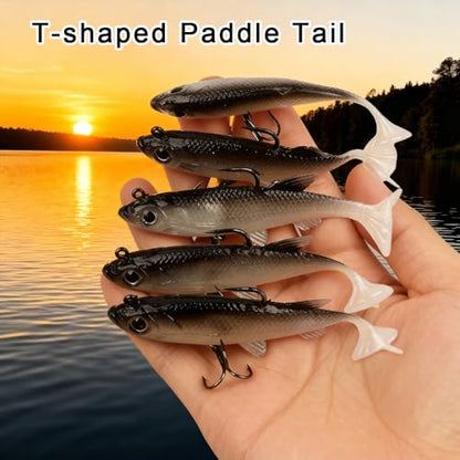 5PCS Soft Fishing Lures Shad Minnow Swimbaits PreRigged Jig Heads Paddle Tail Swim Baits for Bass Trout Walleye Crappie Sinking Jigs Bait for Men Saltwater Freshwater Fishing Gifts
