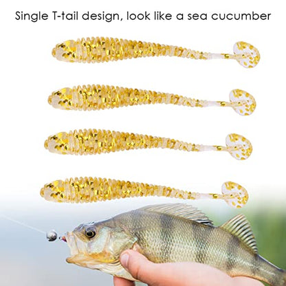 50PCS Fishing Lures Bass Worm Bait, 5cm Soft Plastic Fishing Lures T Tail Grub Worm Baits Fish Tackle Accessory - color: Gold