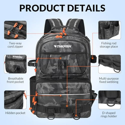 THKFISH Fishing Backpack Tackle Sling Bag, 20L Tackle Backpack with Rod Holder Store Fishing Gear, Gifts for fishermen - color: Black Camo