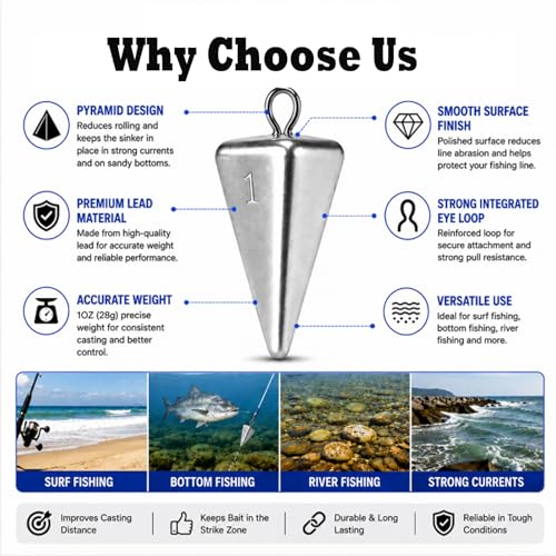 Pyramid Fishing Sinkers for Saltwater Surf Fishing, Lead Casting Weights for Beach Pier Ocean Bottom Rigs, 1oz, 2oz, 3oz Assorted Fishing Tackle - size: 1oz-10Pcs
