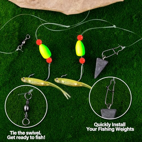 Alwonder 5-Pack Pompano Rigs Surf Fishing Rigs with Snell Floats, Saltwater Live Bait Rig Swivels Duo Lock Snaps Circle Wide Gap Kahle Hooks Rig for Beach Surf Casting Pier Jetty Fishing - color: Green & Yellow 5-Pack, size: #2 Wide Gap Hook
