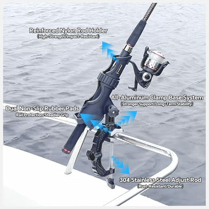 Hitorhike Fishing Rod Holder with Aluminum Alloy Base and One-Click Lock System Fits Round Square Tubes 0.59"~4.53" Enlarged Clamp Range for Boat Kayak Fishing - style: Powerlock Fishing Rod Holder-4 Pack