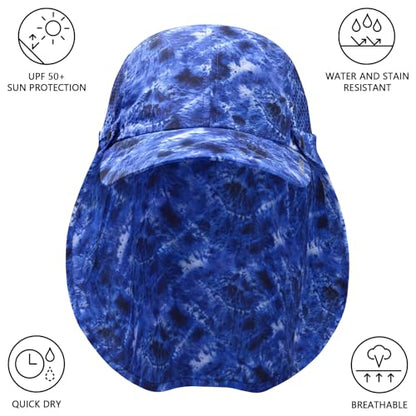 BASSDASH UPF 50+ Foldable Fishing Hat Baseball Cap with Removable Neck Flap Portable for Men Women Golf Hiking - color: Blue Camo With Unfoldable Brim