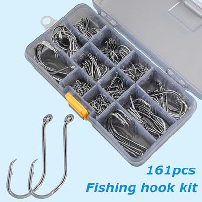 Fishing Hooks Set High Carbon Steel Catfish Bulk Strong Circle Fishing Hooks Mixed Size for Saltwater Freshwater 161PCS