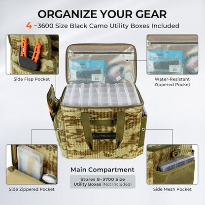 KastKing BaitSpace Fishing Tackle Bag With 4 Tackle Boxes & Removable Bait Binder, Water-Resistant Tackle Storage, Durable Fishing Gear, Adjustable Shoulder Strap - color: E: Khaki Camo, size: Large - 4*3600 Trays