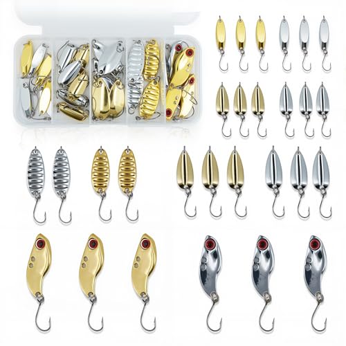 28pcs Spoon Fishing Lures Set with Hooks, Hard Metal Trout Spoons & ice Fishing Spoons for Salmon, bass, and Saltwater Fishin - color: Gold&Silver
