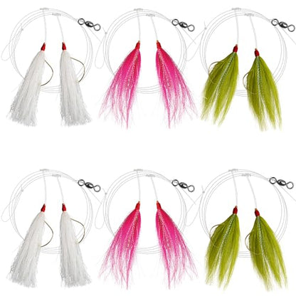 Fishing Teaser Rigs Saltwater, 3/6 Pack Flounder Rigs Hand Tied Sea Bass Hi Lo Rig Fishing Bait Rigs Multicolor Mylar Bucktail Teasers Rig for Flounder Fluke Halibut Sea Bass - size: 6 Packs, style: Bucktail Teaser
