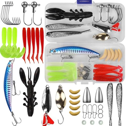 Fishing Lures Tackle Bait Kit Set - Comprehensive Fishing Lures Kit for Trout Bass Salmon - Includes Plastic Shrimp, Worm Bait, Spoon, and Crankbait Jigs