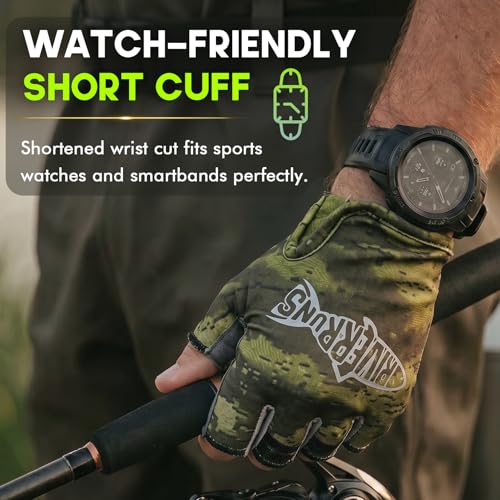 Riverruns SwiftShield Fishing Gloves Shortened Wrist UPF50+ Sun Gloves Fingerless Lightweight Breathable Hiking Driving Kayaking Paddling - color: CamoGreen, size: Large