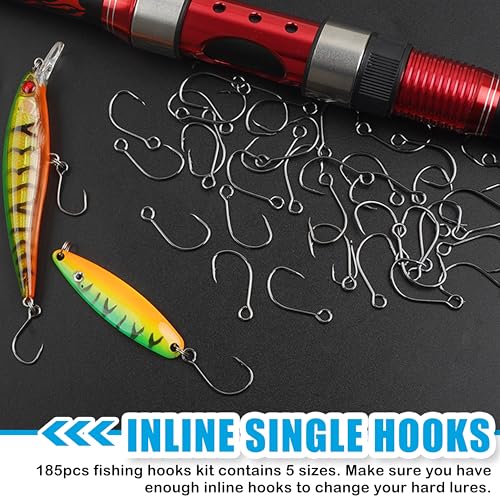Inline Single Hooks Kit, 185pcs Single Replacement Hooks for Hard Lures Baits Inline Circle Hooks with Split Rings Large Eye Fishing Hooks Saltwater Freshwater for Treble Hook Replacement