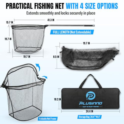 PLUSINNO Large Fishing Net, 3.4-7.7 FT Carbon Fiber Fish Net with Long Telescoping Handle, Kayak Fishing Gear Accessories Foldable Landing Net for Bass, Trout, Catfish, Fishing Gifts for Men Father - size: 3.4 FT (41.3") Not Extendable