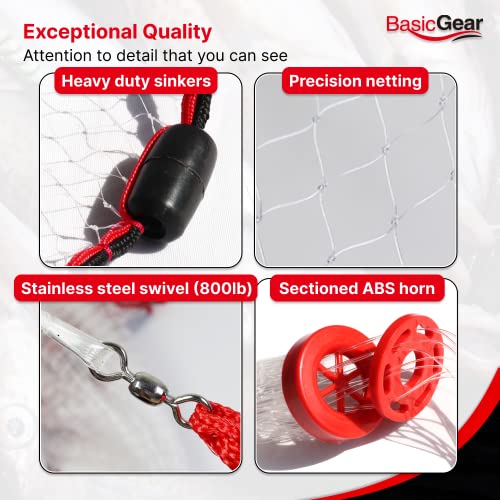 BasicGear Cast Net | 3ft-12ft Radius, 3/8 or 1/4 inch Mesh for Freshwater and Saltwater Bait Fish| Professional Grade and Upgraded Material | Throw Style - size: 12ft Radius, style: Protected Weights, 3/8" Mesh