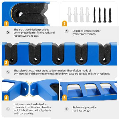 DZrudun Vertical Fishing Rod Holder for Garage Wall Mounted - 6 Rods Fishing Pole Storage Rack with Damage-Free EVA Grip, Interlocking Fishing Pole Holders for Garage Organization, Best Fish Gifts Men - style: Vertical Blue,1Pair