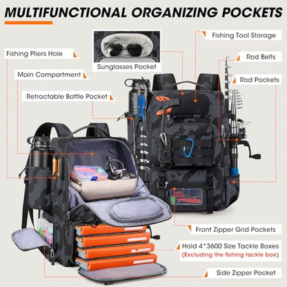 RAINSMORE Fishing Backpack with Rod Holders & Cooler 40L Water Resistant Tackle Backpack with Rain Cover Store Fishing Gear - color: Camouflage