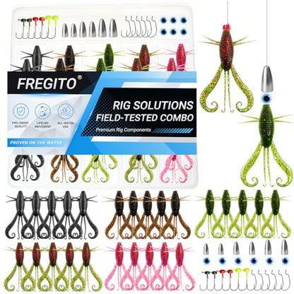 49pcs Soft Fishing Lures Kit – Texas Rig Kit for Bass Fishing with Silicone Shrimp Baits, Hooks, Weights & 3D Eyes – Bass, Crappie & Trout Tackle for Freshwater & Saltwater