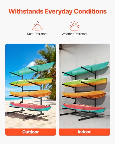 VEVOR Kayak Storage Rack, Heavy Duty Adjustable Freestanding Stand with Lockable Wheels for Indoor Outdoor Garage Shed Dock, Holder for Canoe, SUP, Surfboard & Paddleboard - style: Stand-4 Kayaks-black