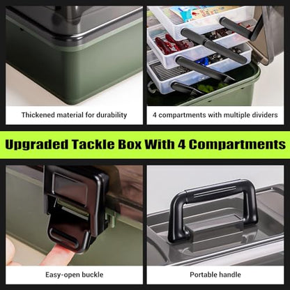 4 Layers Fishing Tackle Box, 605Pcs Fishing Gear Kit with Lures, Small Tool Kit Containing Gripper, Hook Remover, Plier, Accessories, Greeting Cards, Complete Fishing Box for Beginners, Adults