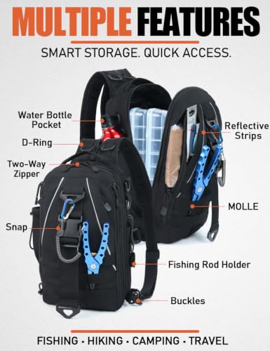 J.SH Tactical Sling Bag, Small Fishing Bag with Rod Holder - Black 12L | Durable Lightweight, Designed for Fishing Gear and Equipment, Gift for Men, Travel, Outdoor Hiking Backpack - color: Black - Medium (12L)