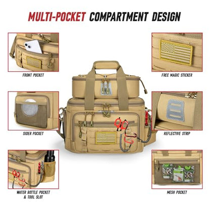 Fishing Tackle Bag, Equipped With 4 Tackle Boxes and Detachable Reel Storage Pouch, Waterproof Fishing Gear Organizer, Adjustable Shoulder Strap Fishing Bags for Saltwater & Freshwater - color: Solid khaki-4 Tackle Boxes