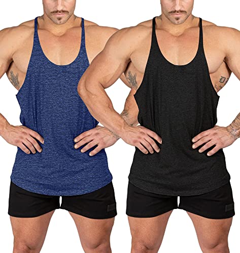 Stringer Bodybuilding Tank Tops Low Cut Off Gym Workout Training Stretch Polyester Quick Dry T Shirts - color: Black&blue, size: Small
