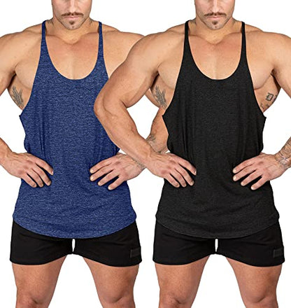 Stringer Bodybuilding Tank Tops Low Cut Off Gym Workout Training Stretch Polyester Quick Dry T Shirts - color: Black&blue, size: Large