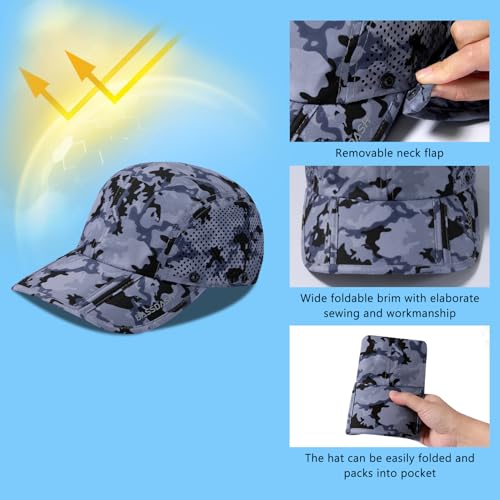 BASSDASH UPF 50+ Foldable Fishing Hat Baseball Cap with Removable Neck Flap Portable for Men Women Golf Hiking - color: Storm Camo With Foldable Brim