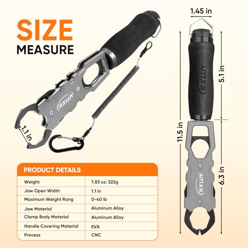 11.5" Fish Lip Gripper with Scale, Max 40lbs Scale, 360° Swivel Non-Slip Handle, Fish Grabber Control Tool for Safe, Hook Removal, Easy Catch & Release, Fishing Gifts for Men Women - color: Black